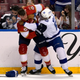 Florida Panthers defenseman Kevin Connauton, left, and Tampa Bay Lightning defenseman Daniel Walcott (85) fight during the second period of an NHL hockey game, Monday, May 10, 2021, in Sunrise, Fla.